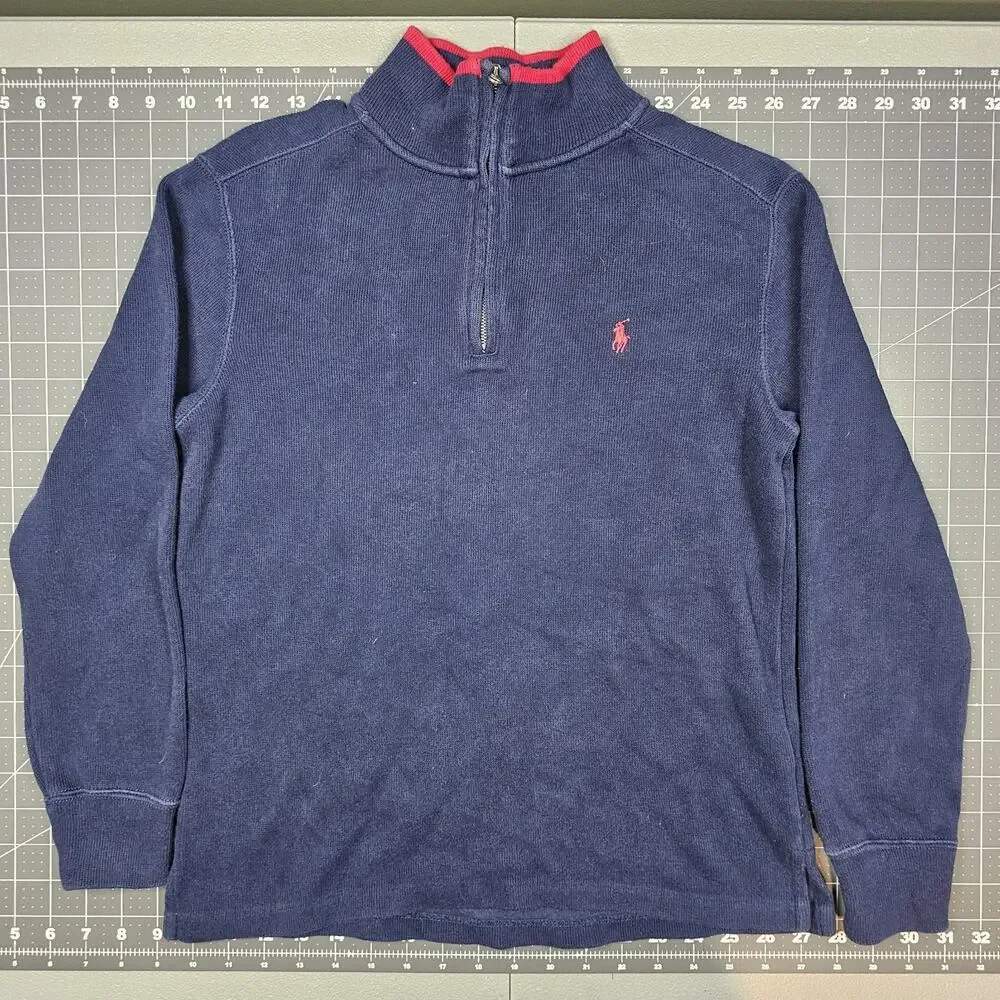 Polo Ralph Lauren Sweater Boys Medium 10-12 Blue Estate Rib 1/4 Zip Preppy Retro